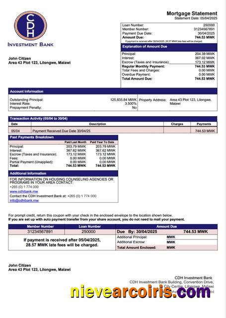 Malawi CDH Investment Bank mortgage statement Word and PDF template